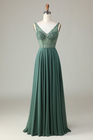 Eucalyptus A-Line Beaded Long Bridesmaid Dress